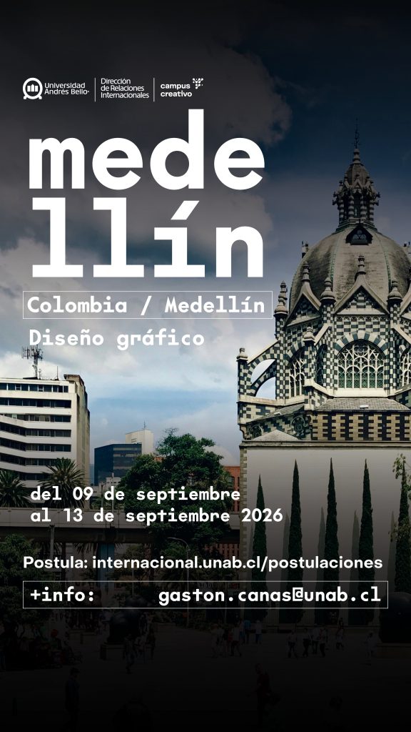 Poster for Medellín graphic design event in Colombia with large 'medellín' text and cathedral in the background; dates and link shown at bottom.