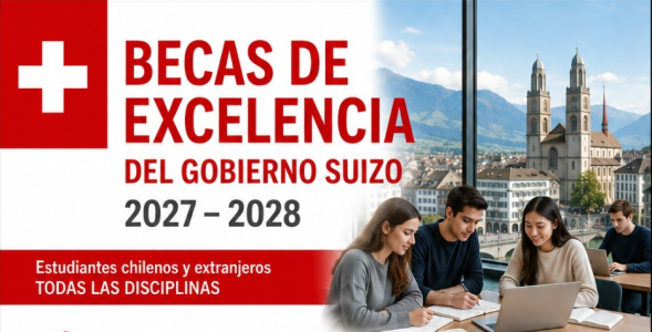 Banners de Becas de Excelencia del Gobierno Suizo 2027–2028, con estudiantes estudiando y paisaje suizo al fondo.