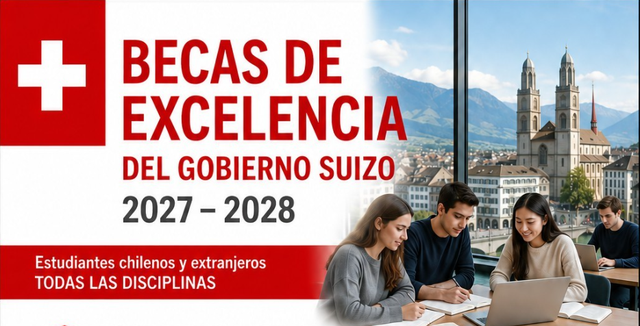 Banners de Becas de Excelencia del Gobierno Suizo 2027–2028, con estudiantes estudiando y paisaje suizo al fondo.